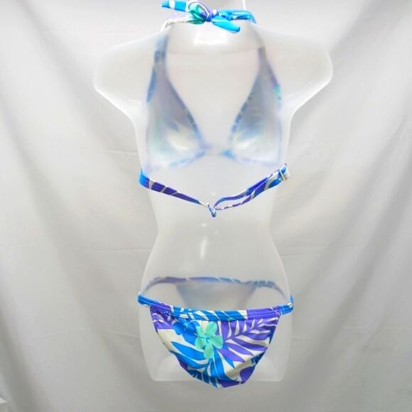 Venus Trio Vibrant Blue Purple Bikini Set with Halter Top, Bottom & Skirt Large. - Picture 5 of 11